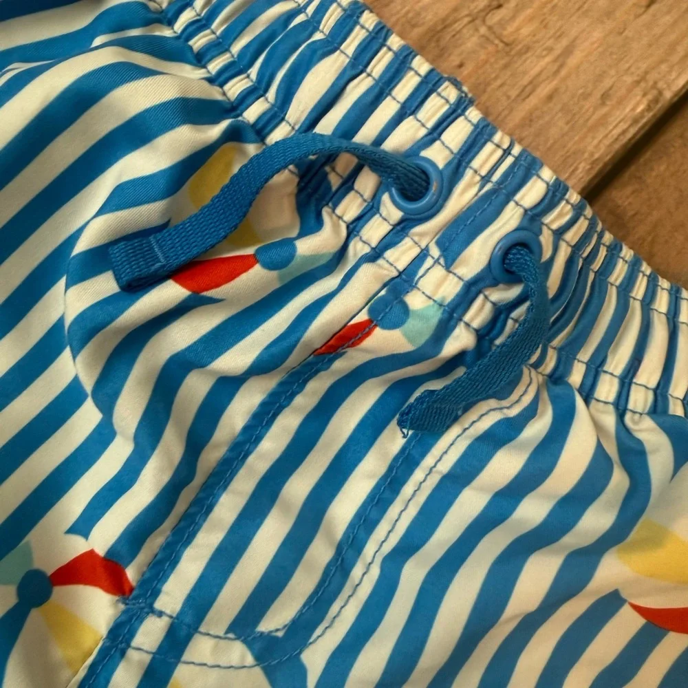 Hanna Andersson Blue & White Striped Swim Shorts with Beach Ball Motif